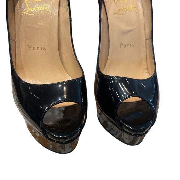 Christian Louboutin Black Patent Leather Lady Peep Stiletto Heels 37.5 / US 7.5 - Picture 7 of 16